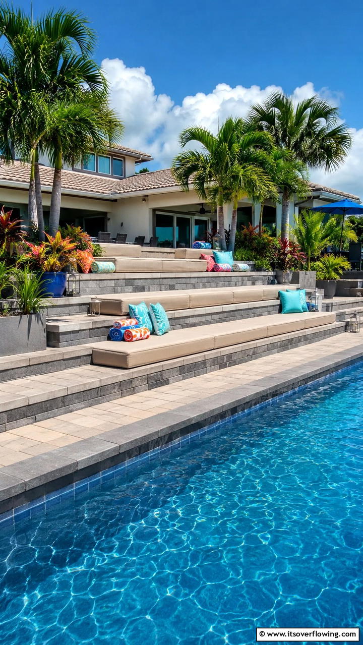 Integrated Seating Steps - 30 Concrete Pavers Around Pool Ideas for Durable Style