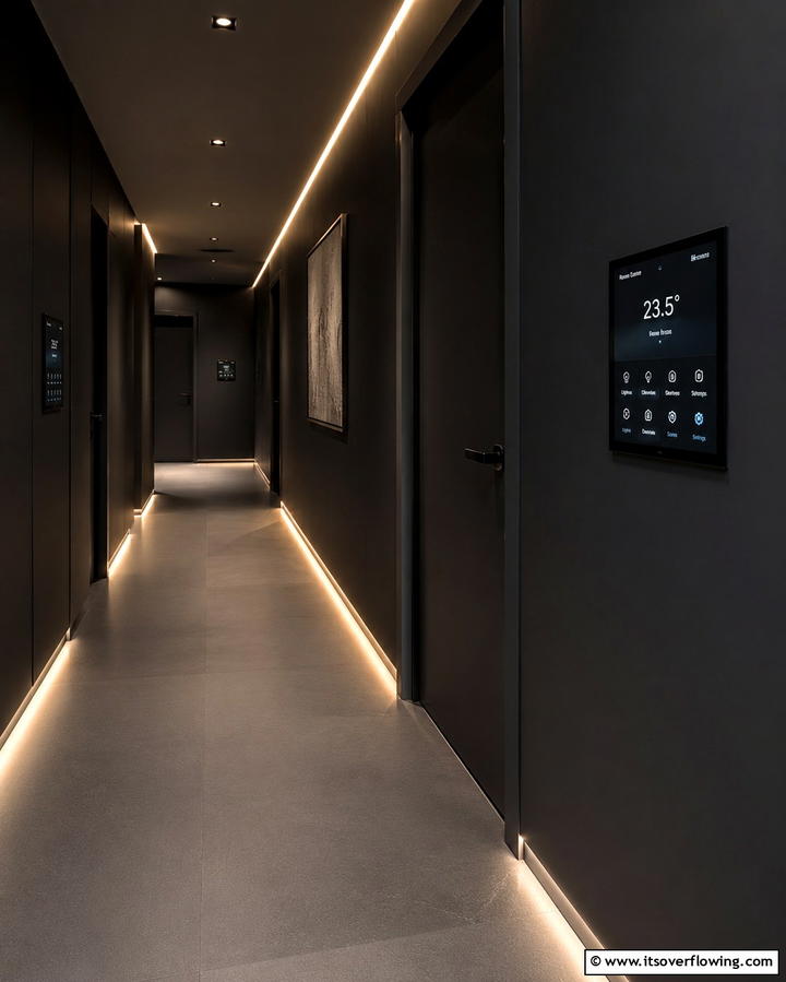 Integrated Smart Features - 30 Black Hallway Ideas for Dramatic and Sophisticated Spaces