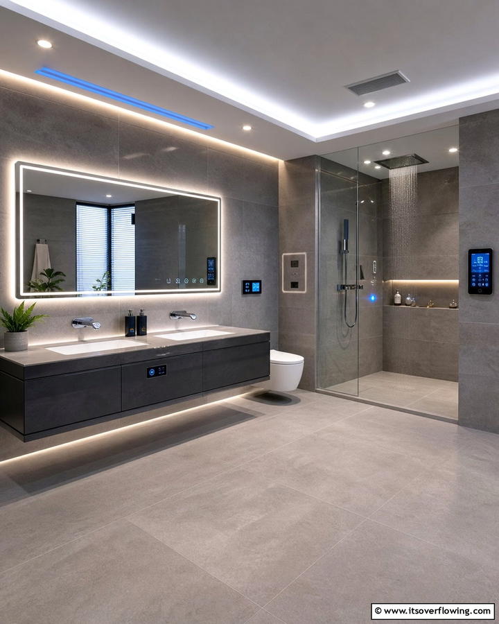 Integrated Smart Technology - 21 Grey Tile Bathroom Ideas for Modern and Timeless Designs