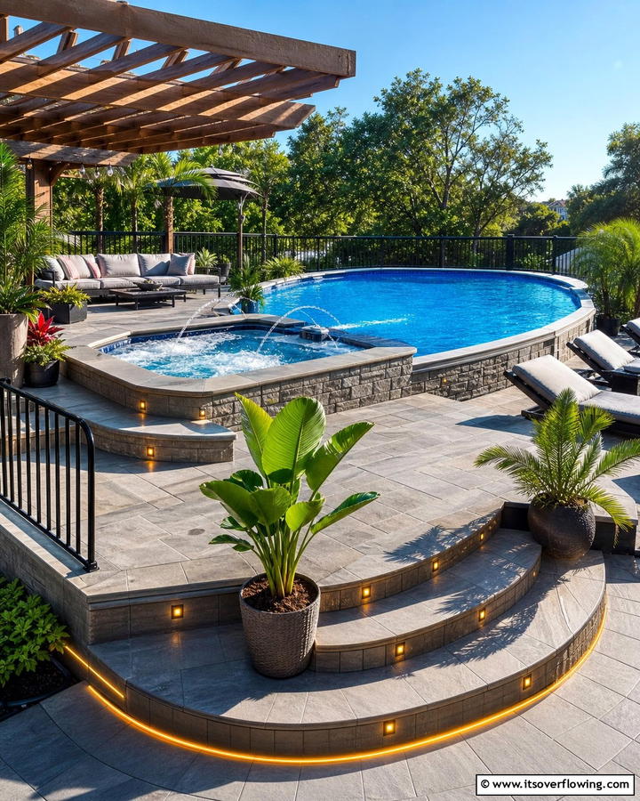 Integrated Spa and Pool Oasis - 21 Above-Ground Pool Deck Ideas for Backyard Fun