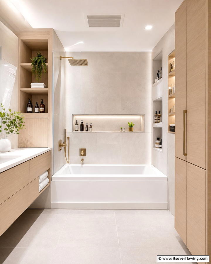 Integrated Storage Solution - 30 Tub-Shower Combo Ideas for Space-Efficient Bathrooms