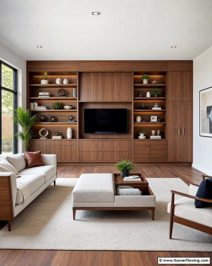 Integrated Storage Solutions - 21 Mid-Century Modern Living Room Ideas- Timeless Style