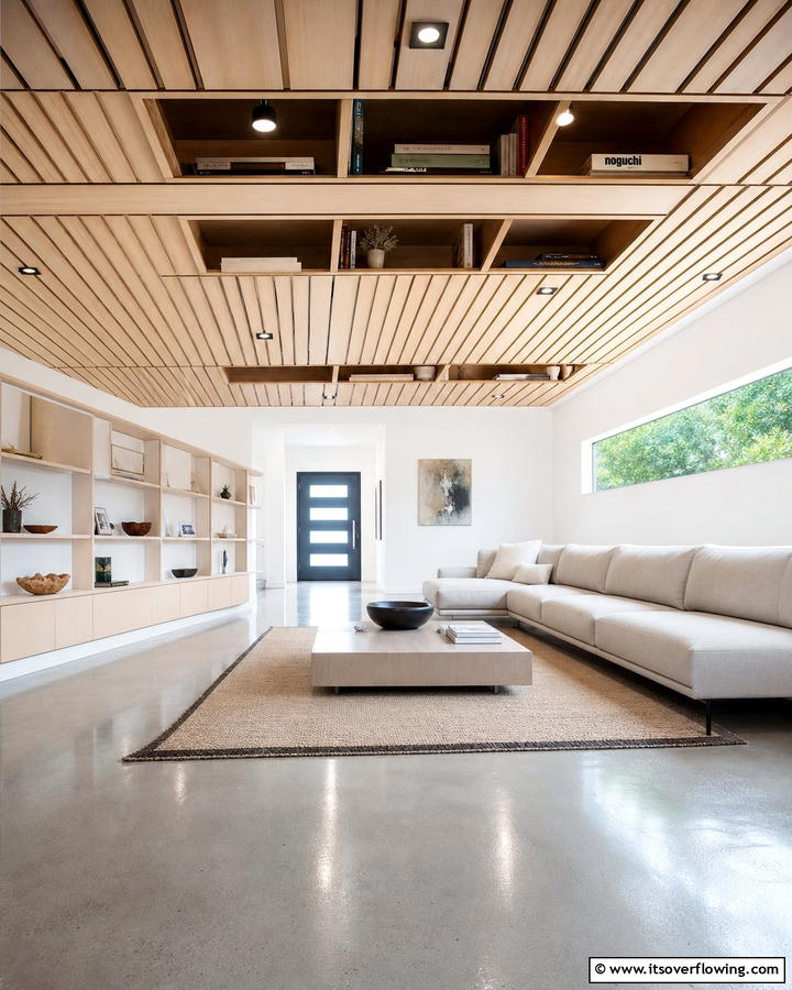 Integrated Storage Wood Slat Ceiling - 30 Wood Slat Ceiling Ideas for Textured Modern Interiors
