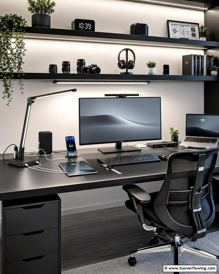 Integrated USB Ports - 30 Home Office Lighting Ideas- Brighten Your Workspace