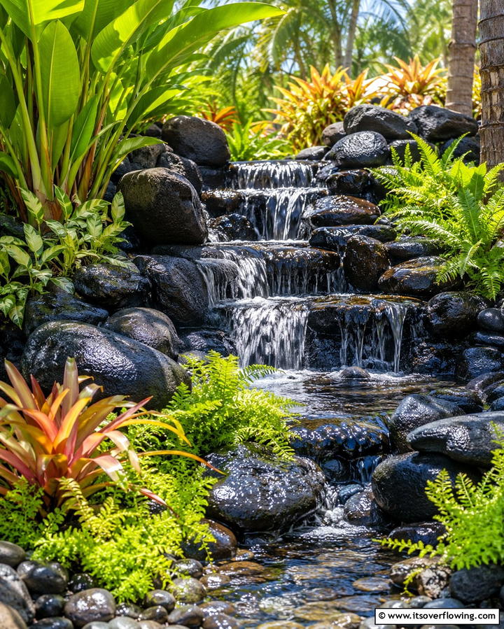 Integrated Water Feature Display - 30 Natural Black River Rock Landscaping Ideas for Texture