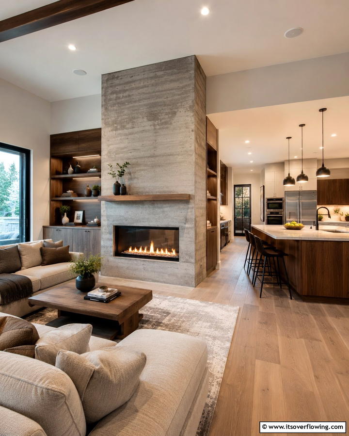Integrating a Fireplace - 25 Open Kitchen Living Room Ideas for a Spacious Feel