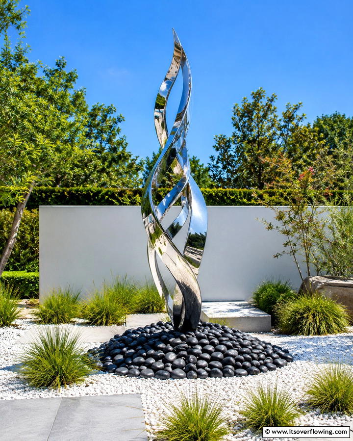 Integrative Rock and Sculpture Feature - 30 Natural Black River Rock Landscaping Ideas for Texture