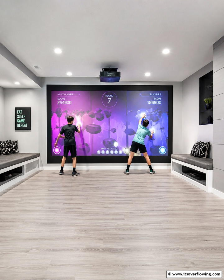 Interactive Game Wall - 30 Fun Basement Game Room Ideas for Family Entertainment