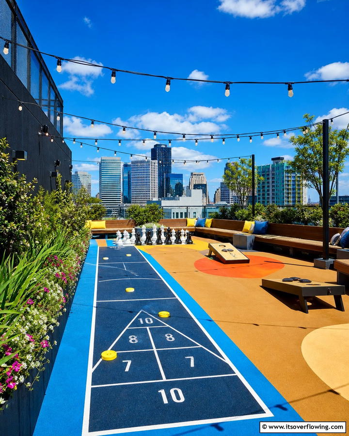 Interactive Game Zone - 21 Rooftop Deck Layouts for Urban Outdoor Entertainment Areas