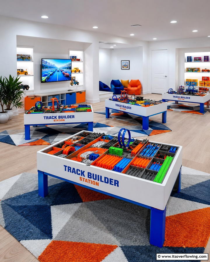 Interactive Track Building Stations - 30 Hot Wheels Birthday Party Ideas- Race-Themed Decor & Activities