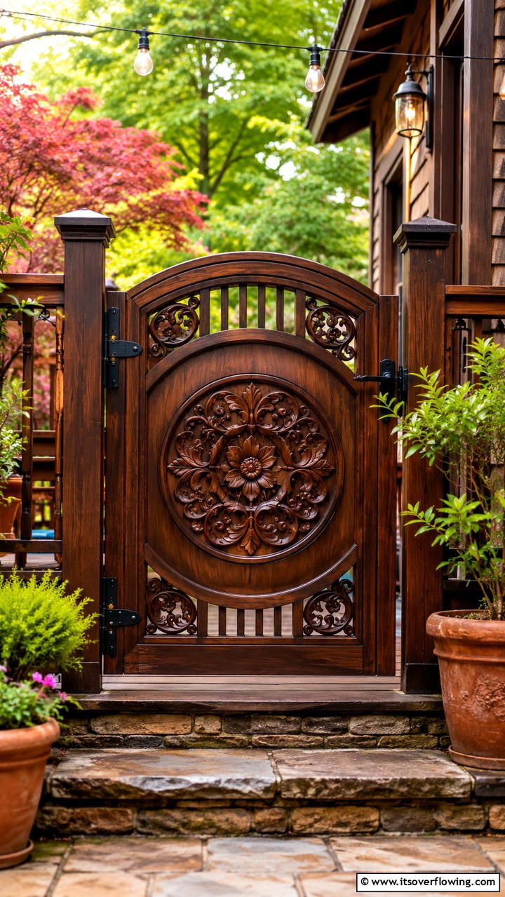 Intricate Carved Wood Design - 30 Deck Gate Ideas for Safety and Outdoor Style