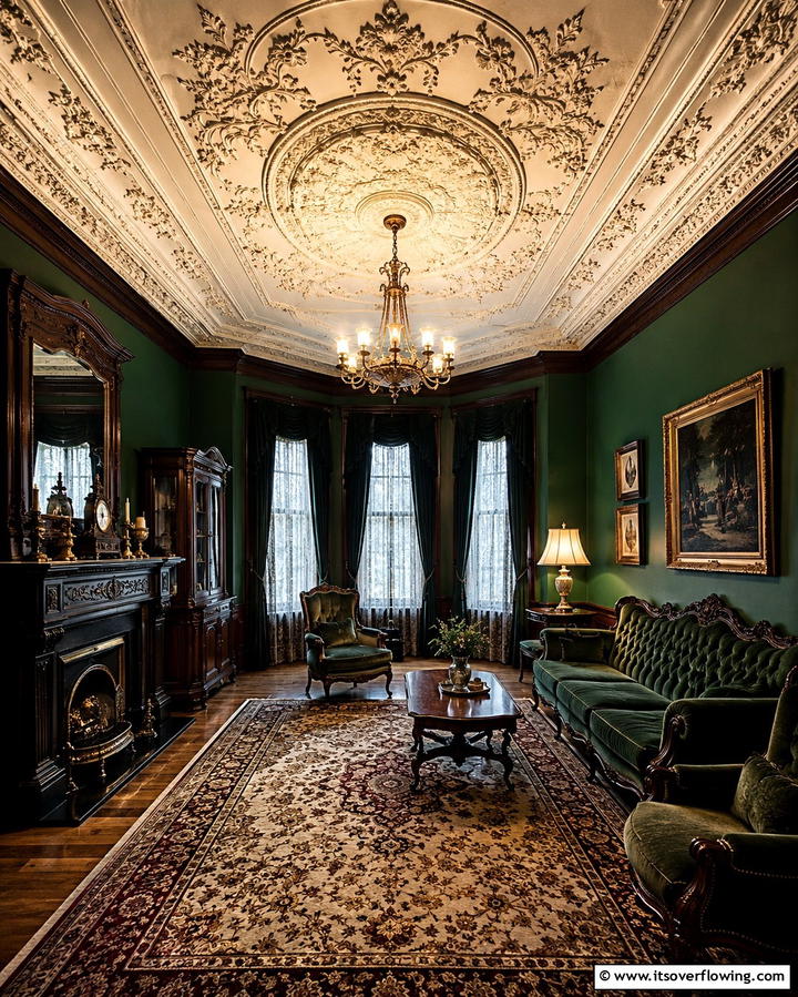 Intricate Ceiling Medallions - 25 Victorian Dark Green Living Room Ideas for Drama
