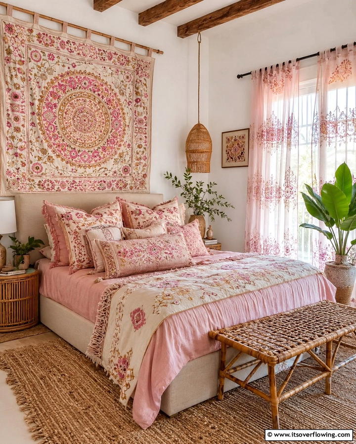 Intricate Embroidery Detailing - 30 Pink Boho Bedroom Ideas for a Chic and Cozy Retreat