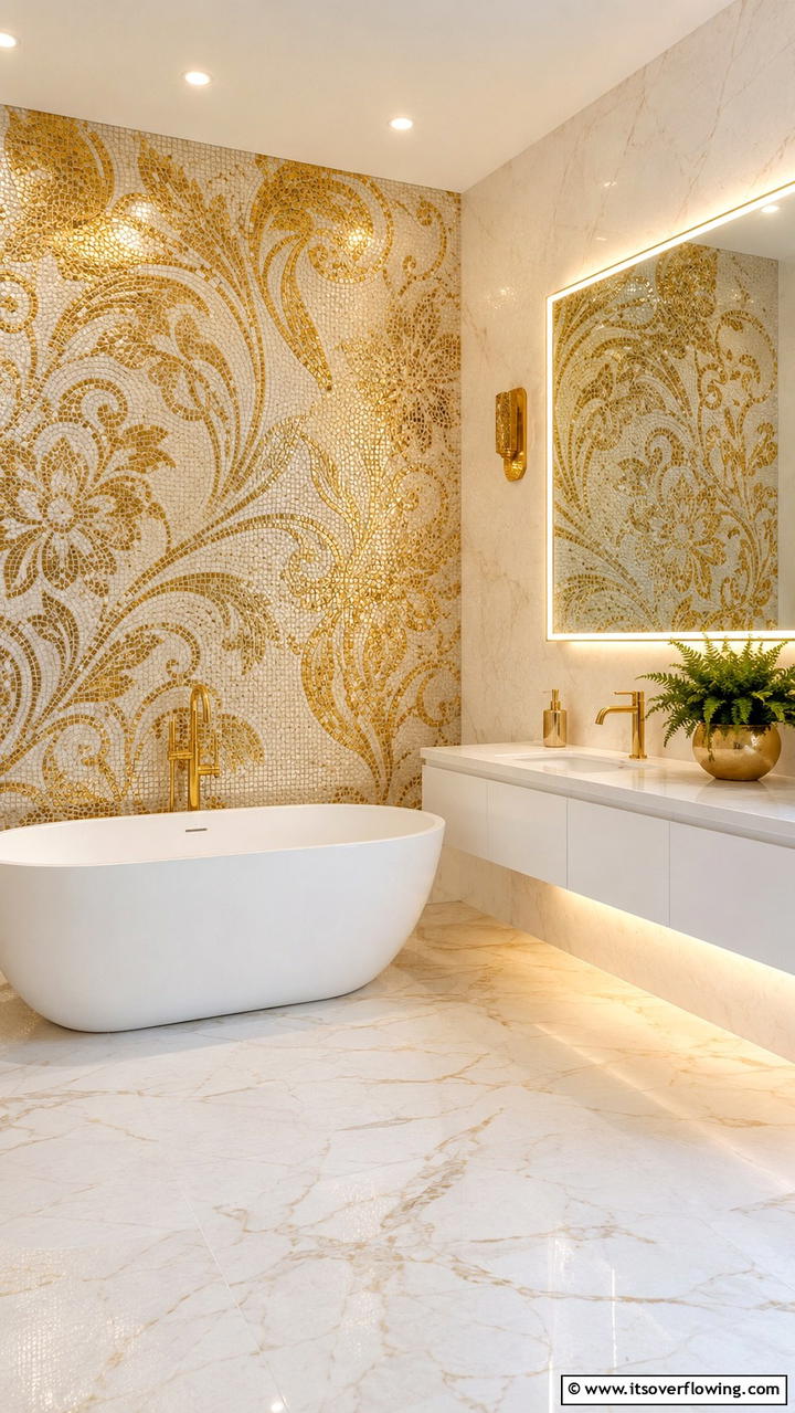 Intricate Gold Mosaic Patterns - 30 Gold Bathroom Ideas for Luxurious, Modern Spaces