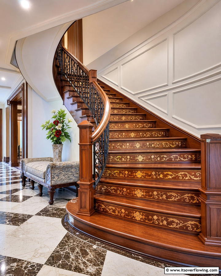 Intricate Inlays - 30 Wooden Staircase Ideas for Modern and Rustic Homes