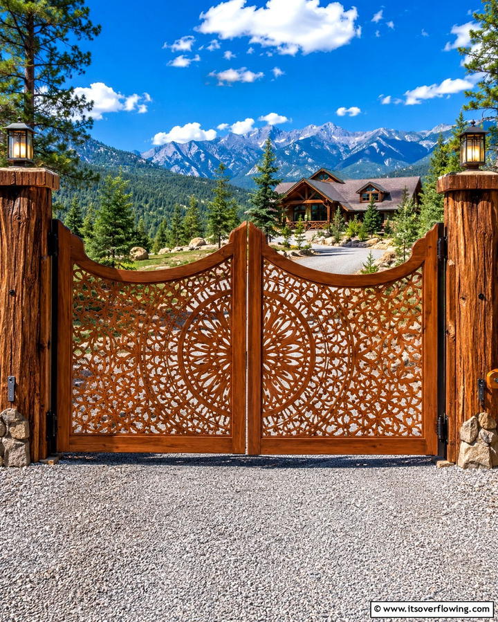 Intricate Laser Cut Wooden Gate - 30 Stylish Driveway Gate Ideas for Curb Appeal