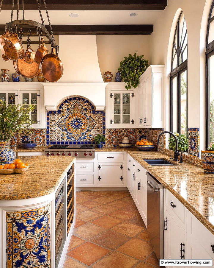 Intricate Mediterranean Flair - 21 Backsplash Ideas for White Cabinets and Granite Counters