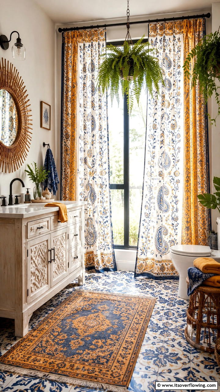 Intricate Patterned Curtains - 30 Boho Bathroom Ideas for Relaxed, Global-Inspired Style