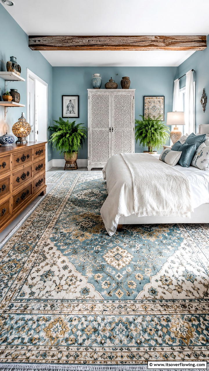 Intricate Patterned Flooring - 30 Duck Egg Blue Bedroom Ideas for Serene Spaces
