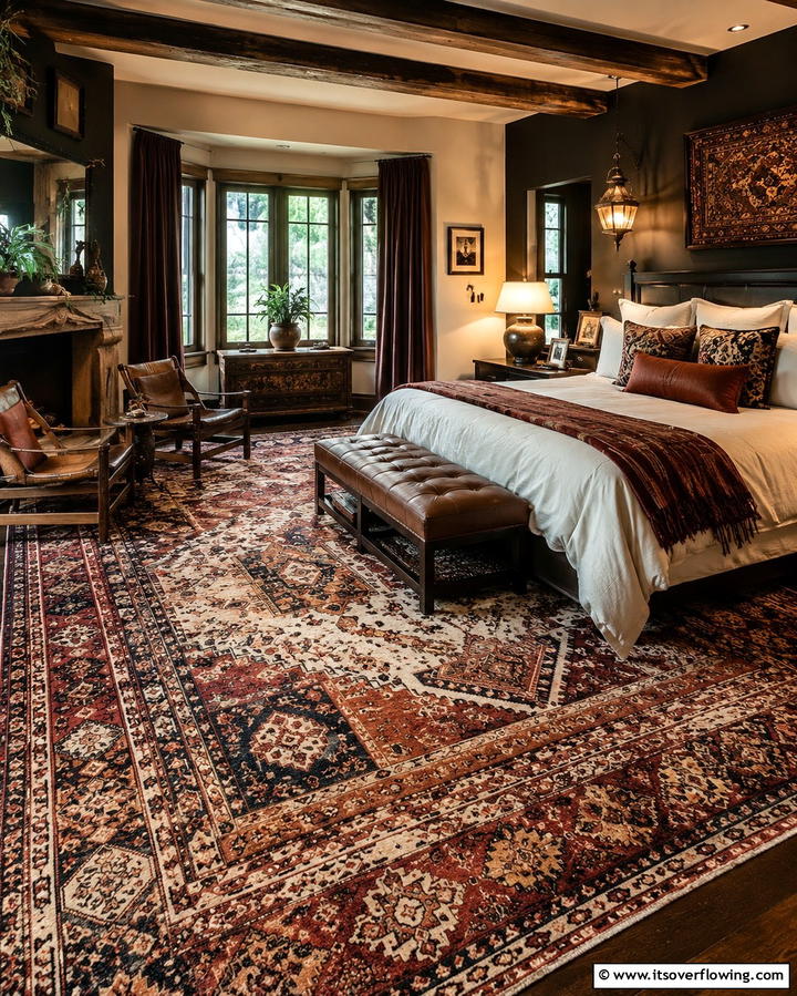 Intricate Patterned Rugs - 30 Moody Dark Boho Bedroom Decor Inspirations for Cozy Nights