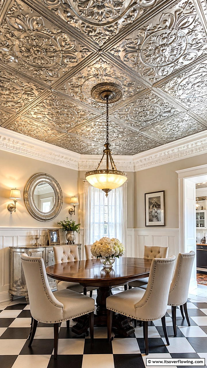 Intricate Tin Tile Detailing - 30 Dining Room Ceiling Ideas to Elevate Your Space