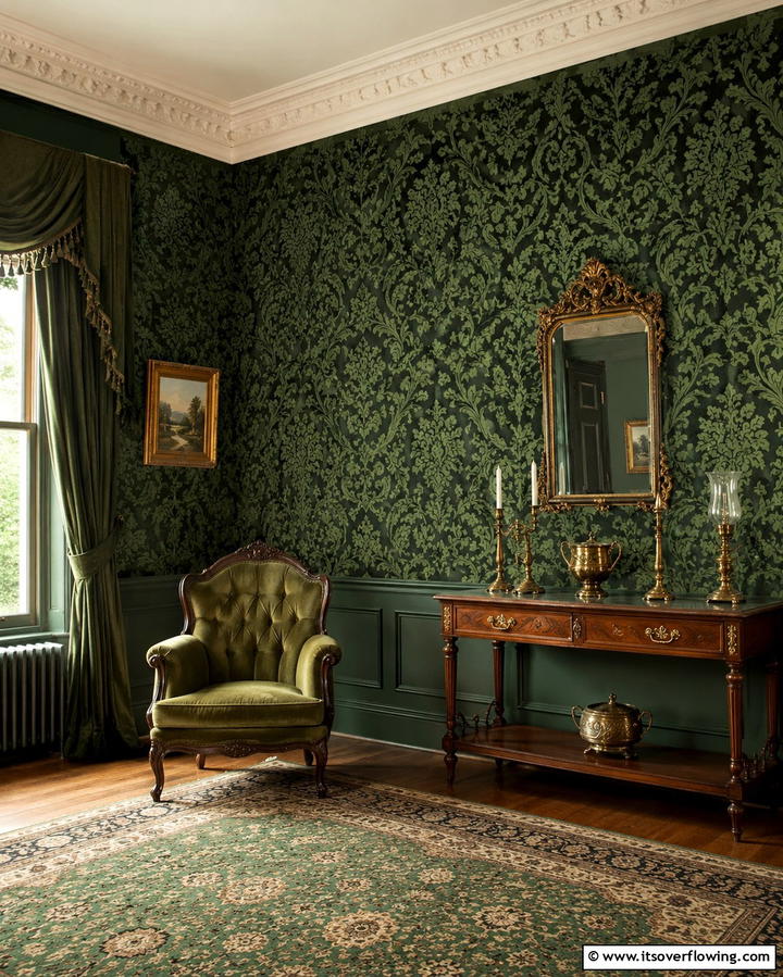 Intricate Wallpaper Patterns - 25 Victorian Dark Green Living Room Ideas for Drama