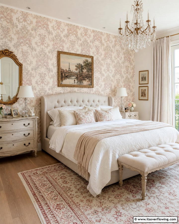 Intricate Wallpaper with Floral or Damask Patterns - 20 Parisian Themed Bedroom Ideas for Elegant Living
