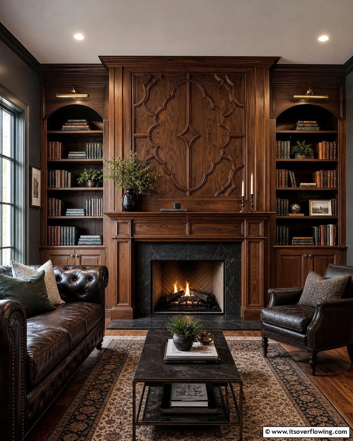 Intricate Wood Paneling - 25 Fireplace Backsplash Ideas for a Stunning Focal Point