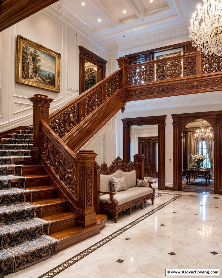 Intricately Carved Wood Railing - 30 Wood Stair Railing Ideas for Warm Architectural Detail