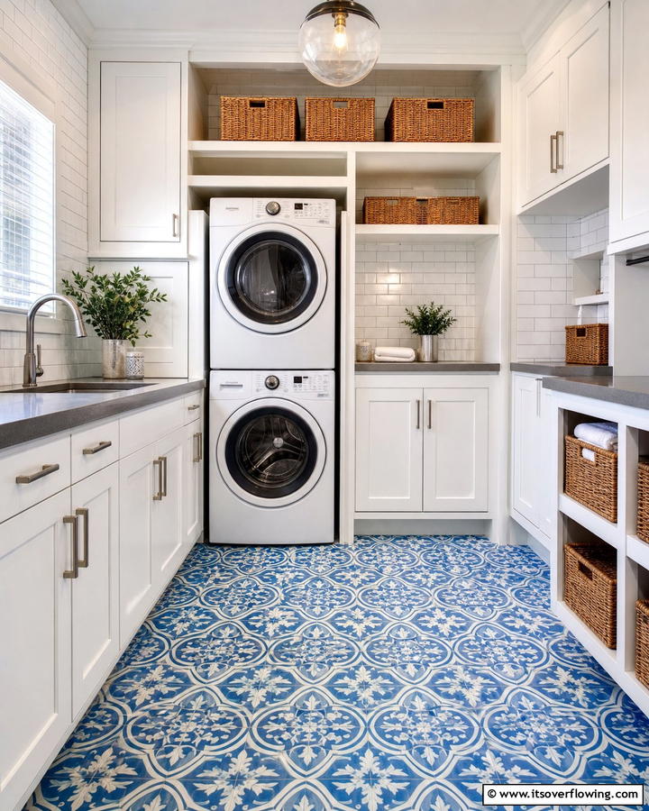 Introduce Blue Patterned Tiles - 25 Blue Laundry Room Ideas for a Fresh and Clean Look