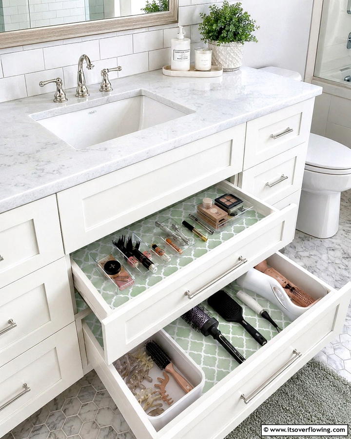 Introduce Drawer Liners - 25 Bathroom Cabinet Organization Ideas for a Clutter-Free Space
