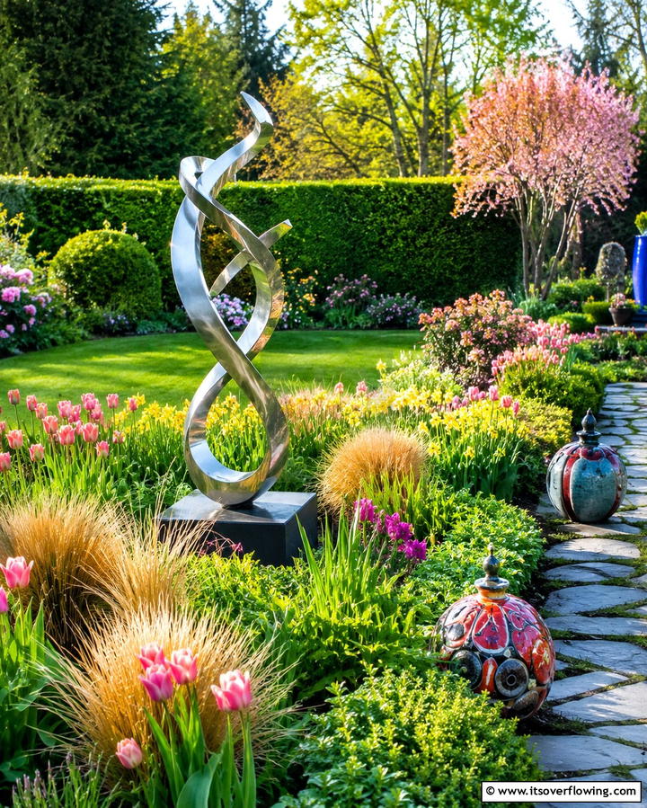 Introduce Garden Sculptures - 20 Spring Garden Ideas to Refresh Your Outdoor Space