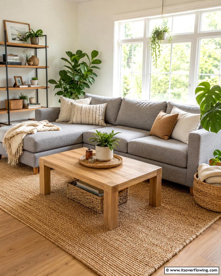 Introduce Natural Textures - 30 Grey Couch Living Room Styling Ideas for Cozy Spaces