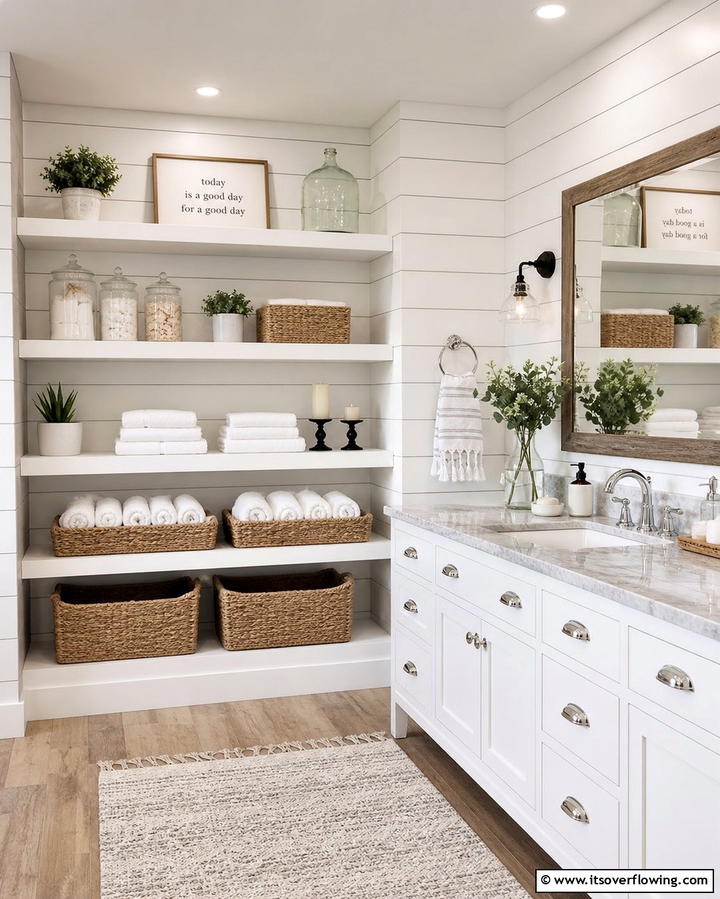Introduce Open Shelving - 25 Elegant Bathroom Decor Ideas for a Luxurious Feel