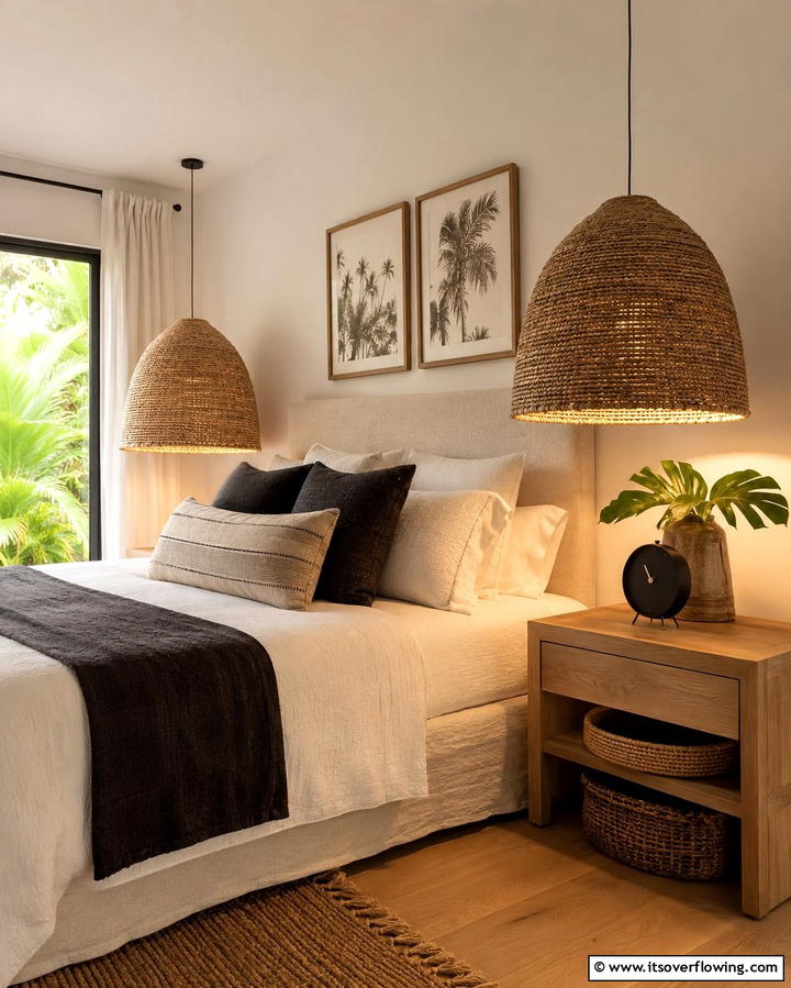 Introduce Woven Light Fixtures - 25 Tropical Bedroom Ideas for a Relaxing Retreat
