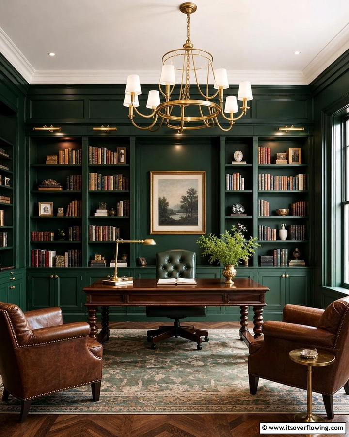 Introducing Brass Accents for a Polished Look - 20 Dark Green Home Library Ideas and Inspiration