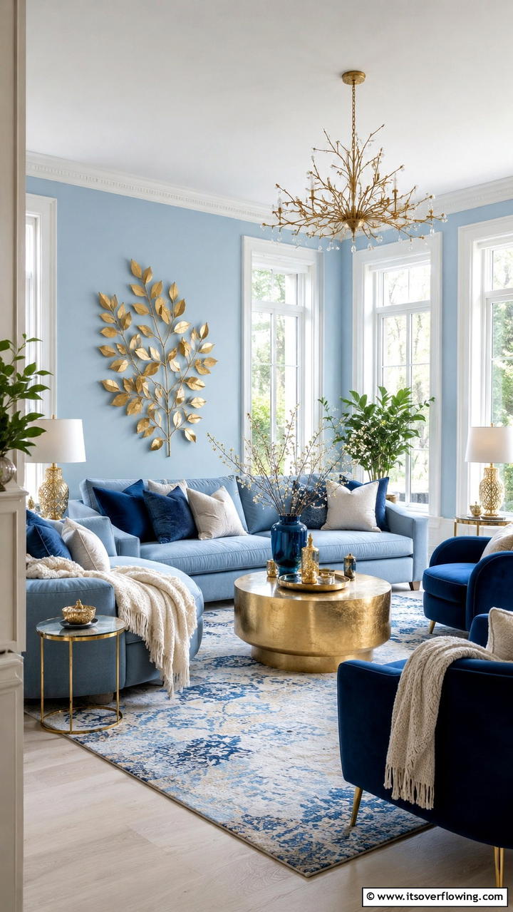 Inviting Blue Hues with Radiant Gold - 30 Stunning Blue and Gold Living Room Ideas for Elegant Spaces