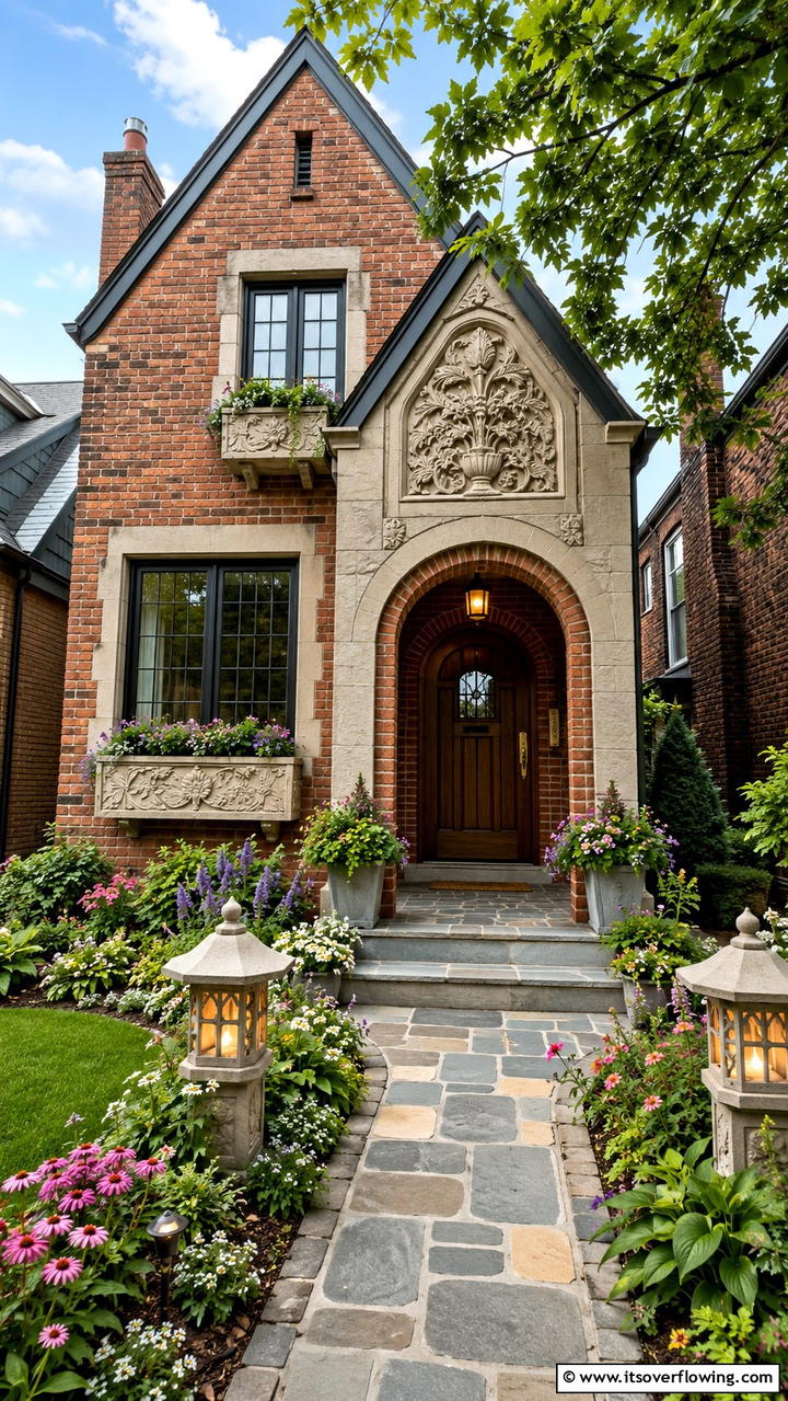 Inviting Brick Residence with Artistic Stone Work - 30 Brick Houses With Stone Accents- Exterior Design Inspiration