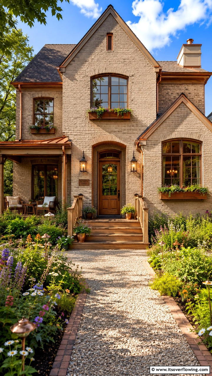 Inviting Brick Taupe with Rustic Copper Accents - 30 Exterior Brick and Paint Color Combinations