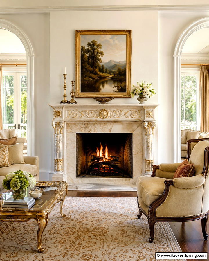 Inviting Cream and Gold Fireplace Surround - 30 Elegant Cream & Gold Living Room Themes for Luxe Interiors