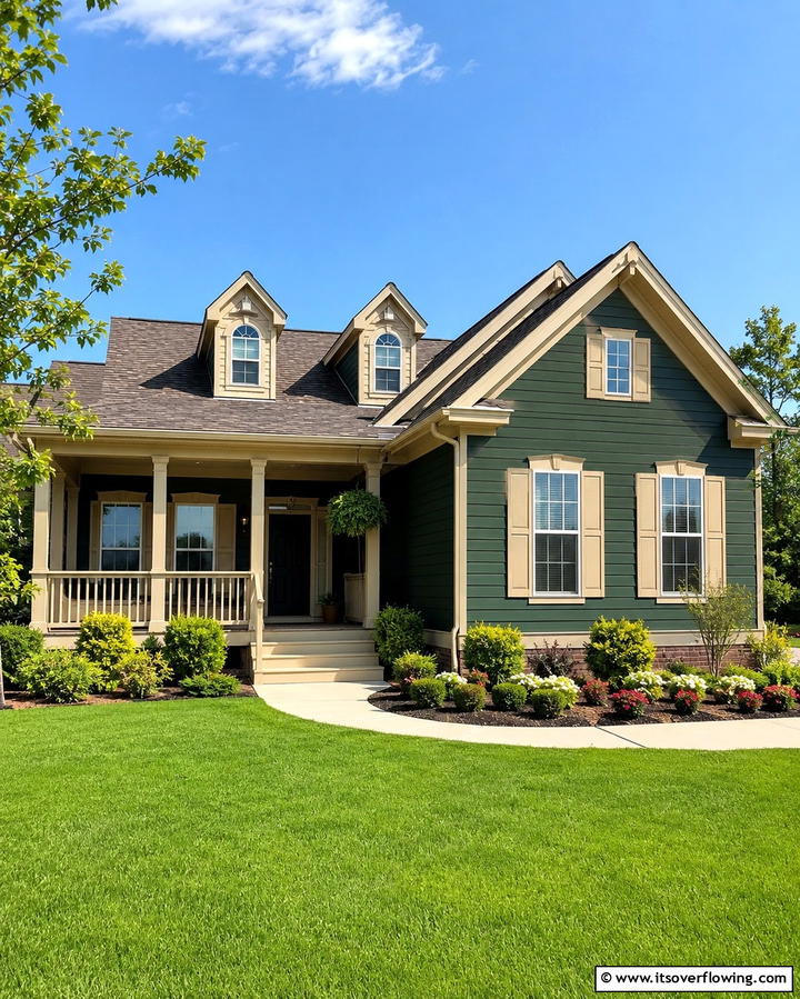 Inviting Dark Green and Beige Combination - 30 Stunning Dark Green Exterior House Designs for Curb Appeal