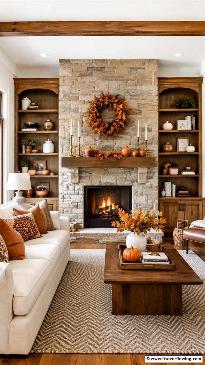 Inviting Fireplace Decor - 30 Cozy Fall Living Room Ideas to Embrace Autumn Vibes