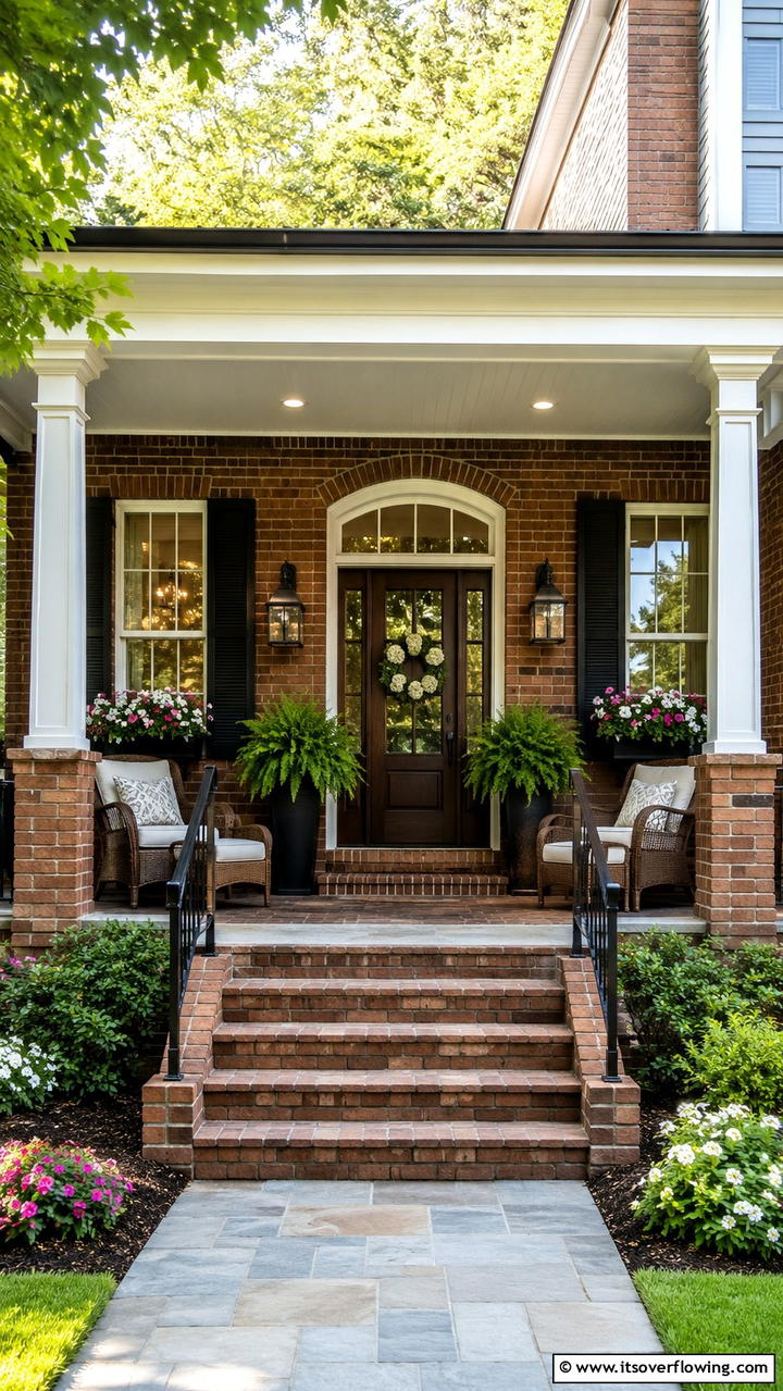 Inviting Front Porch Design - 30 Brown Brick Exterior Home Ideas for Timeless Curb Appeal