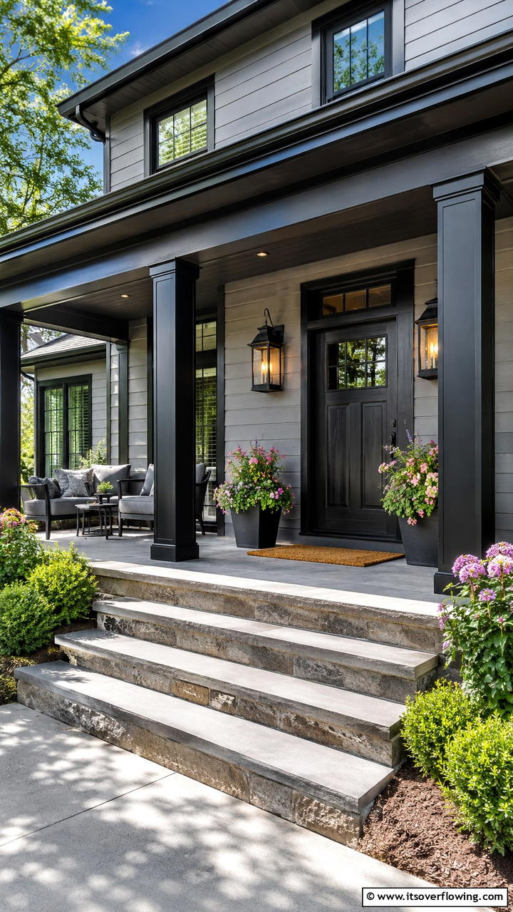 Inviting Front Porch Look - 30 Grey House With Black Trim Ideas- Bold Exterior Designs