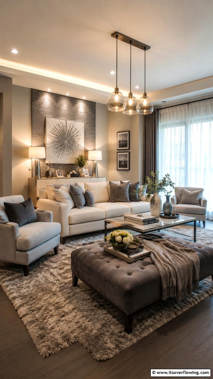 Inviting Layered Lighting - 30 Grey and Cream Living Room Ideas- Neutral Elegance