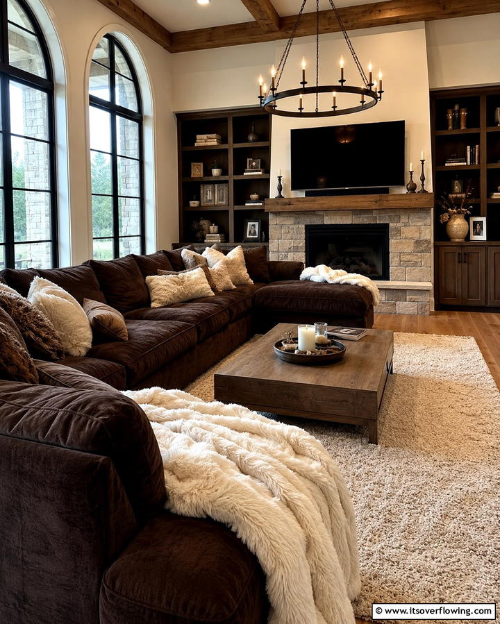 Inviting Lounge with Plush Pillows - 30 Warm Dark Brown Couch Styling Ideas for Cozy Living Rooms
