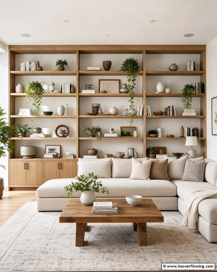Inviting Open Shelves - 21 Neutral Living Room Ideas for Calm & Versatile Decor