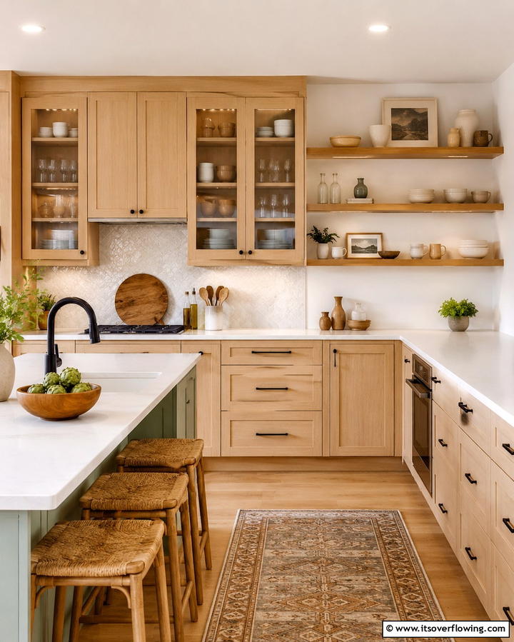 Inviting Open Shelving Feature - 30 Kitchens with Light Wood Cabinets- Warm & Airy Designs