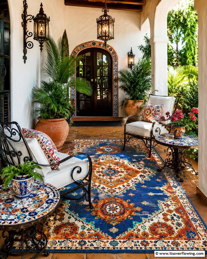 Inviting Outdoor Rug - 30 Spanish Style Front Porch Ideas for Mediterranean Charm