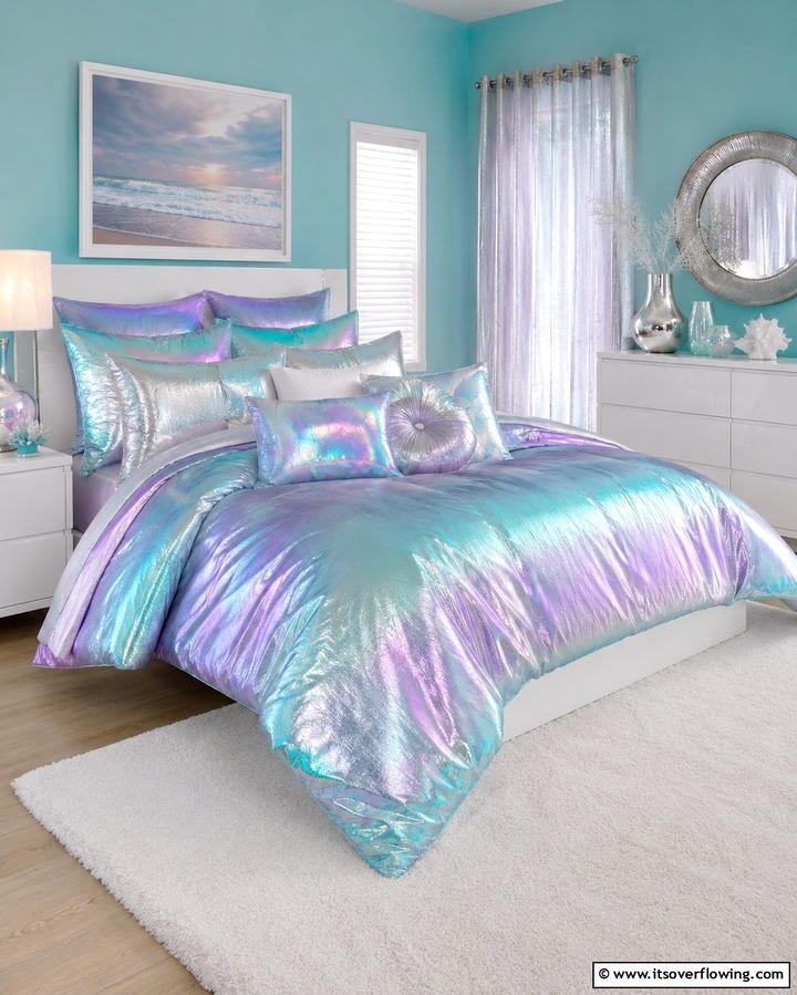 Iridescent Bedding and Pillows - 20 Underwater Mermaid Bedroom Ideas for Fantasy